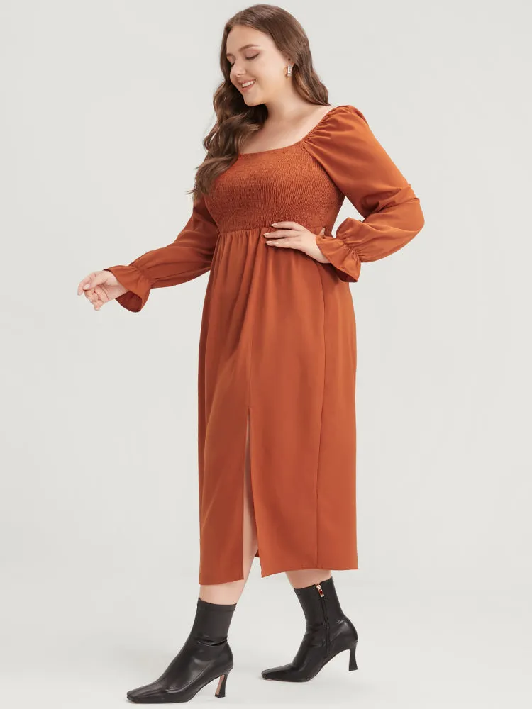 Solid Shirred Square Neck Lantern Sleeve Split Hem Dress sold by Bloomchic