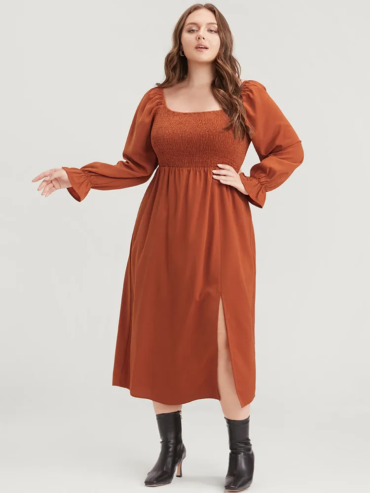 Solid Shirred Square Neck Lantern Sleeve Split Hem Dress sold by Bloomchic product image thumbnail 2