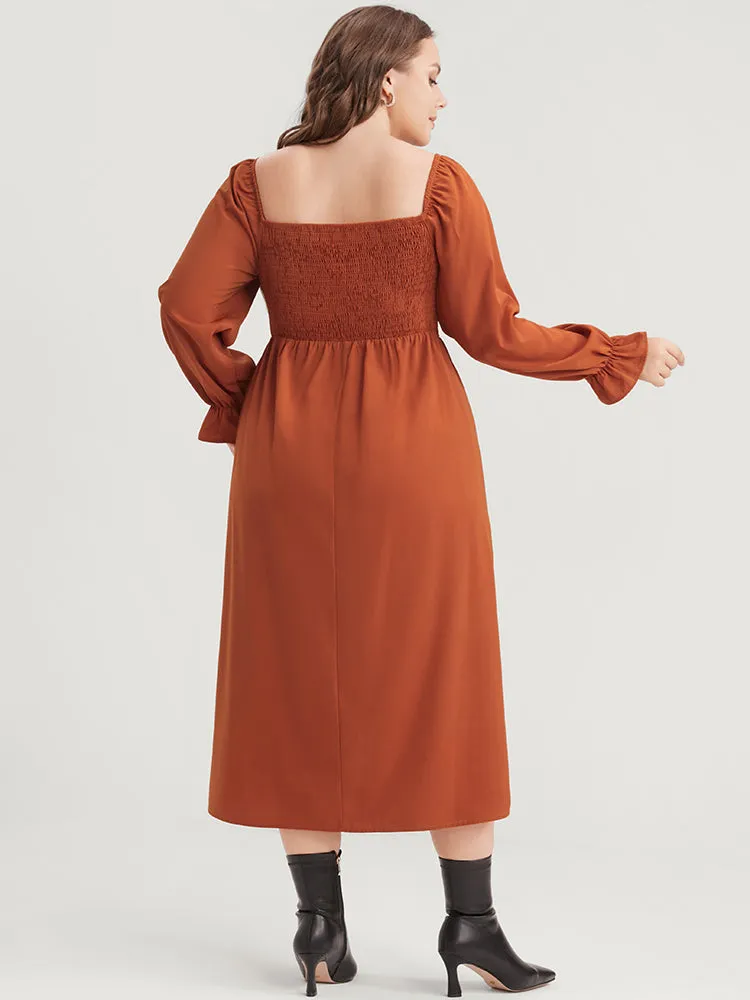 Solid Shirred Square Neck Lantern Sleeve Split Hem Dress sold by Bloomchic product image thumbnail 4