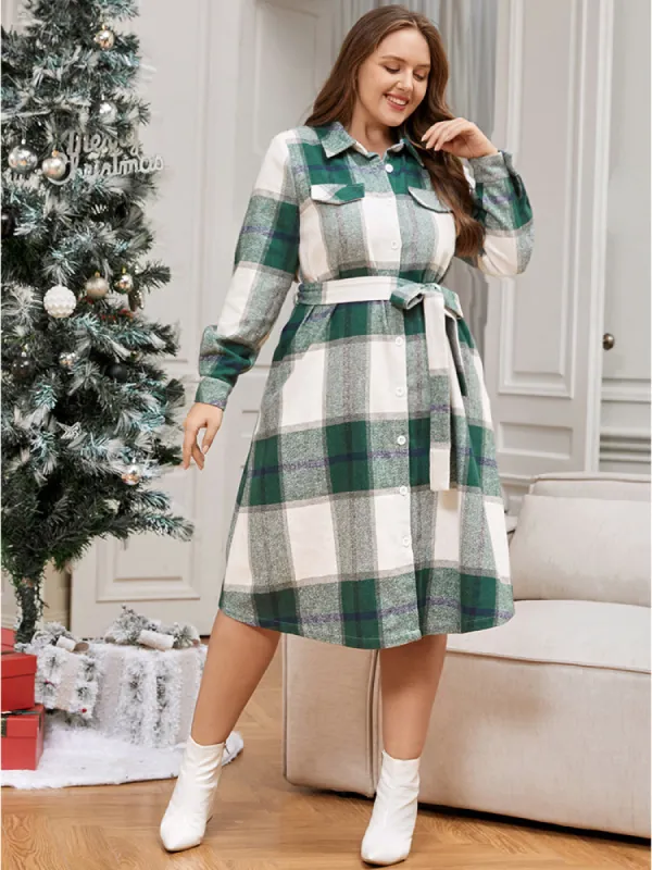 Plaid Pocket Button Up Belted Shirt Collar Dress sold by Bloomchic