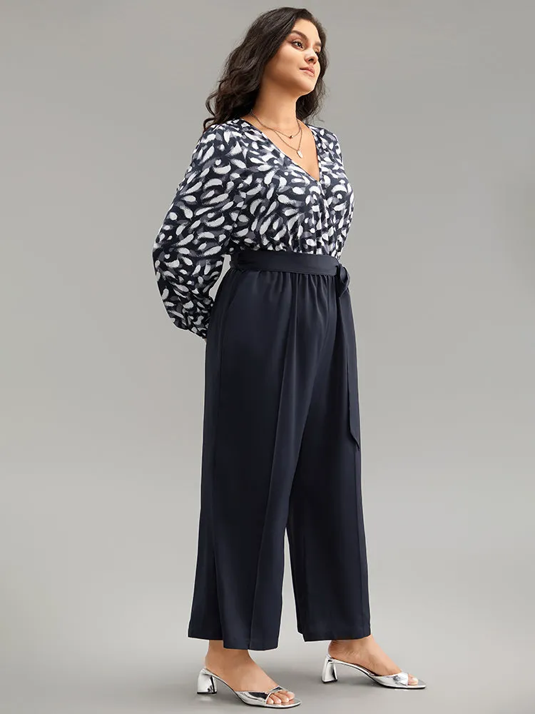 Brush Print Patchwork Wrap Belted Jumpsuit sold by Bloomchic product image thumbnail 3