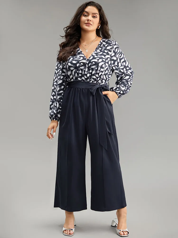 Brush Print Patchwork Wrap Belted Jumpsuit sold by Bloomchic product image thumbnail 2