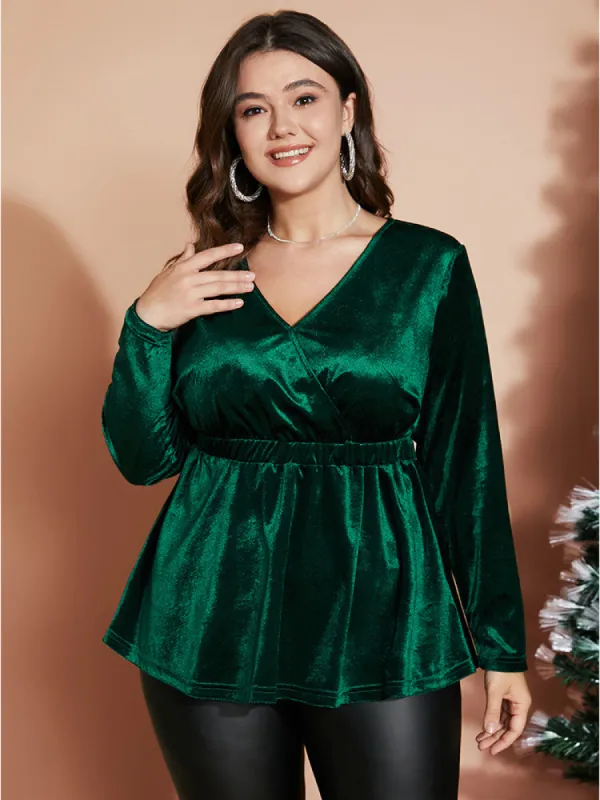 Solid Wrap Ruffle Lantern Sleeve Velvet Long Tee sold by Bloomchic