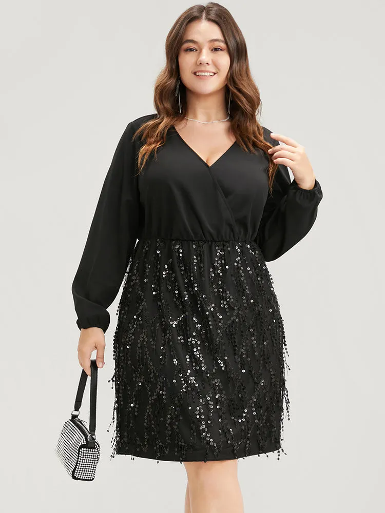 Solid Patchwork Wrap Sequin Tassel Detail Dress sold by Bloomchic