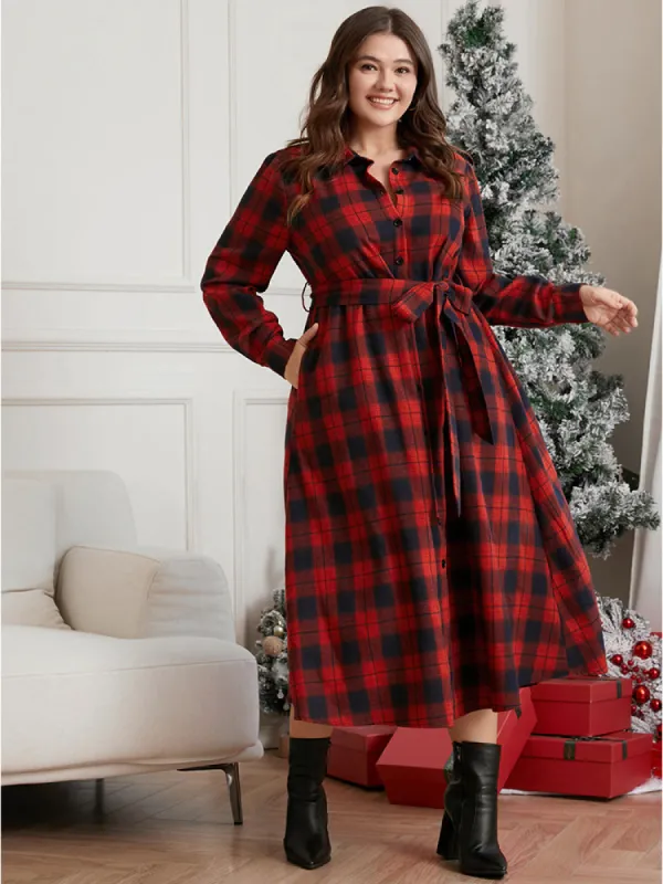Plaid Shirt Collar Pocket Belted Button Up Dress sold by Bloomchic