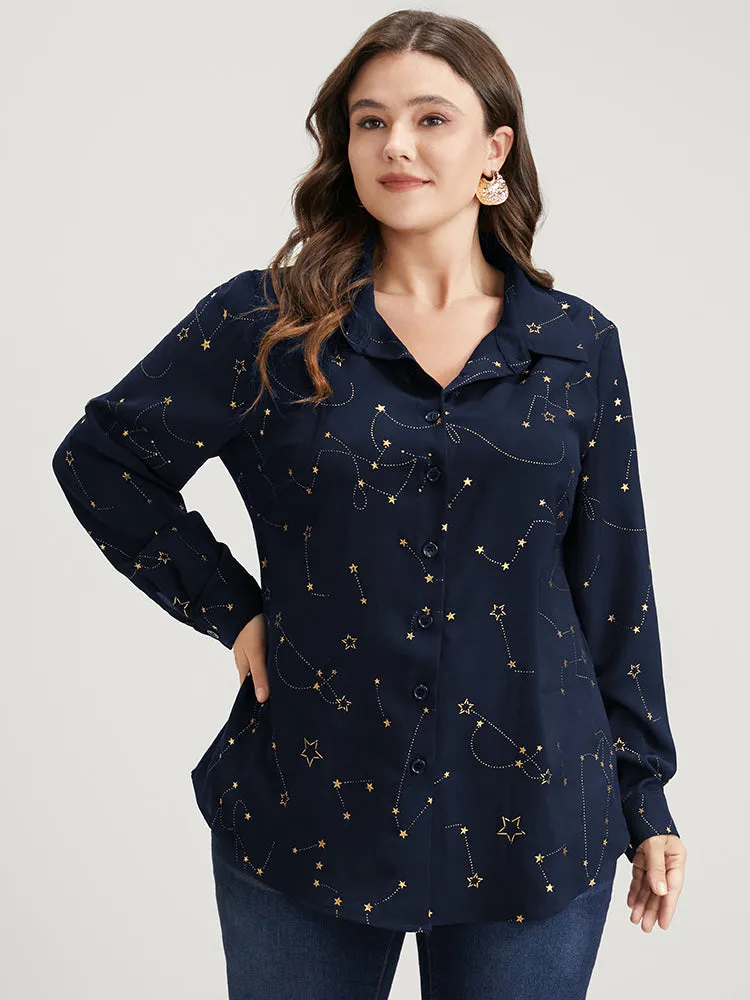 Star Print Button Up Arc Hem Blouse sold by Bloomchic