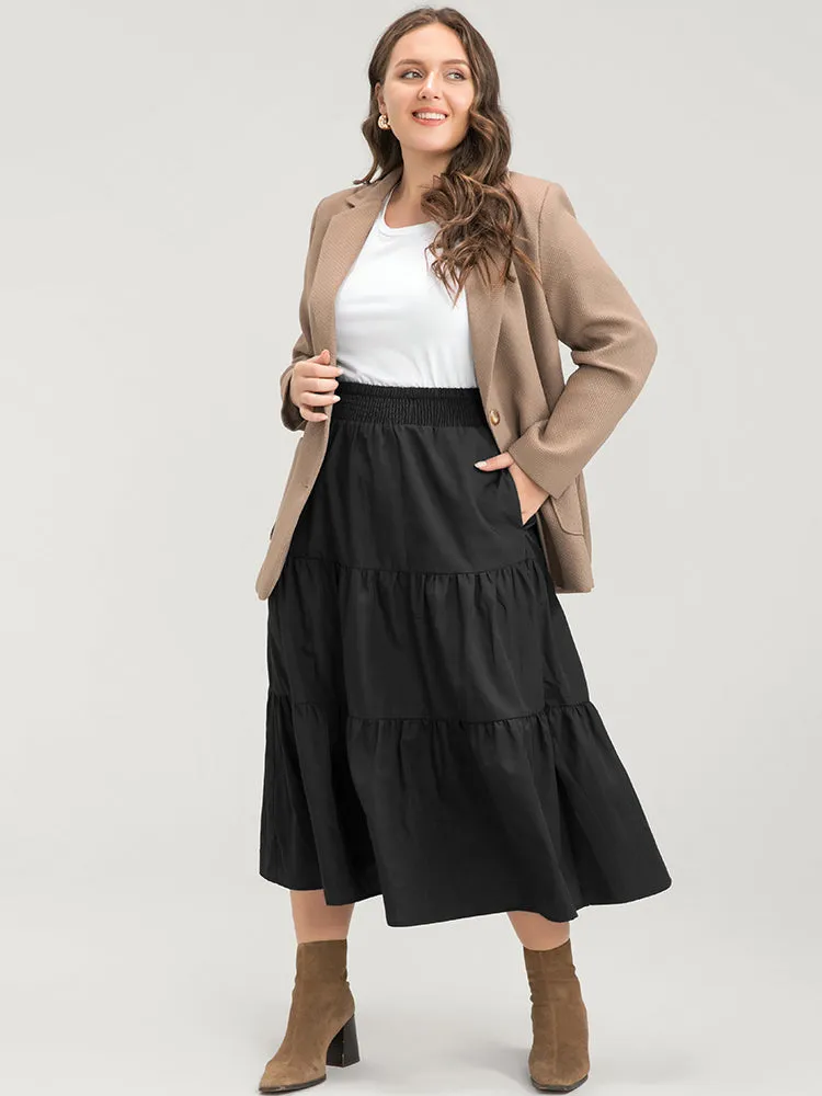 Solid Shirred Waist Pocket Ruffle Hem Skirt sold by Bloomchic