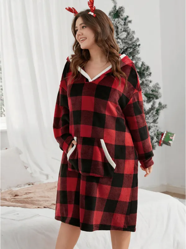 Plaid Fuzzy Trim Pocket Hooded Dress sold by Bloomchic