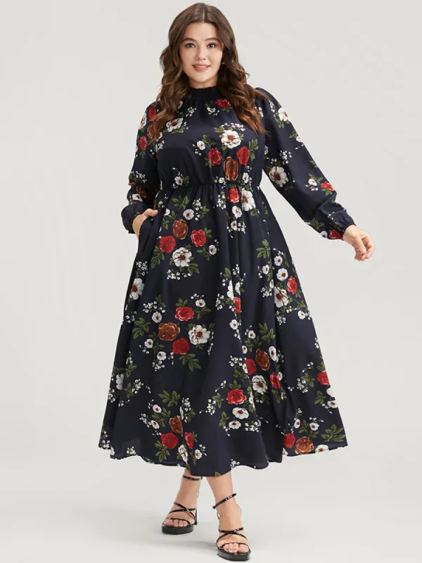 Floral Lantern Sleeve Pocket Shirred Mock Neck Dress sold by Bloomchic
