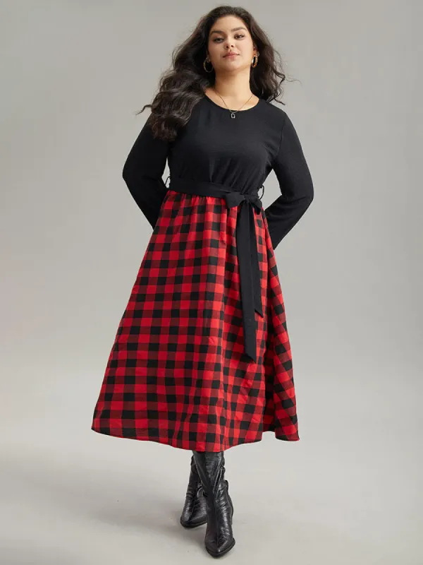 Plaid Patchwork Contrast Round Neck Belted Dress sold by Bloomchic