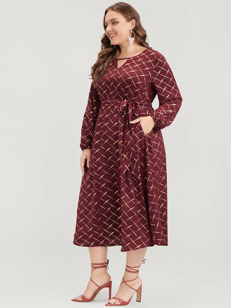 Geometric Lantern Sleeve Pocket Keyhole Round Neck Belted Dress sold by Bloomchic product image thumbnail 3