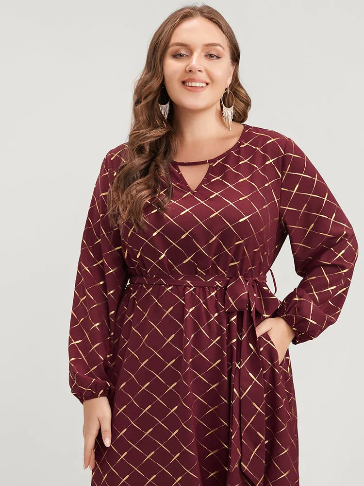 Geometric Lantern Sleeve Pocket Keyhole Round Neck Belted Dress sold by Bloomchic product image thumbnail 5