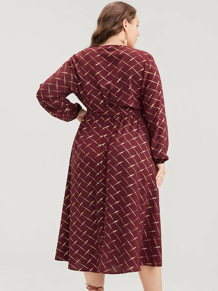 Geometric Lantern Sleeve Pocket Keyhole Round Neck Belted Dress sold by Bloomchic product image thumbnail 4