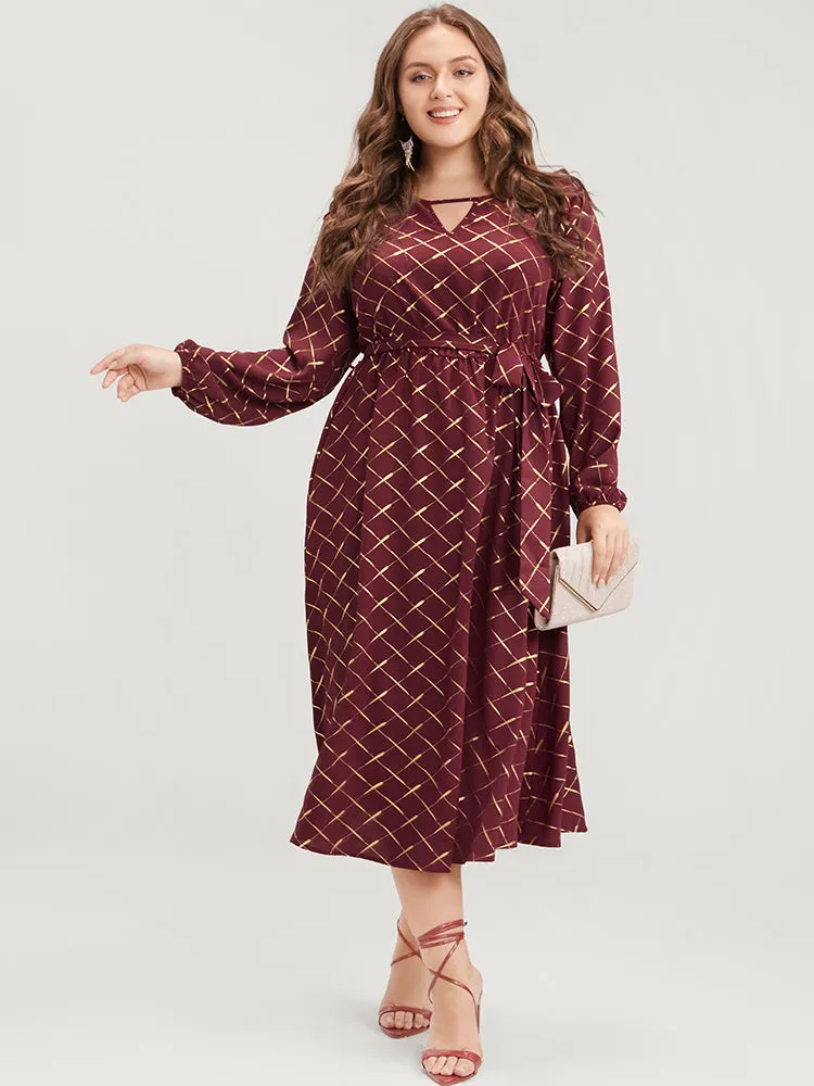 Geometric Lantern Sleeve Pocket Keyhole Round Neck Belted Dress sold by Bloomchic product image thumbnail 2