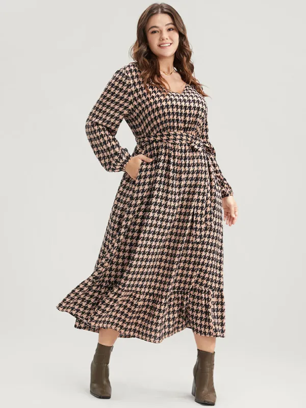 Houndstooth V Neck Lantern Sleeve Pocket Belted Ruffles Dress sold by Bloomchic