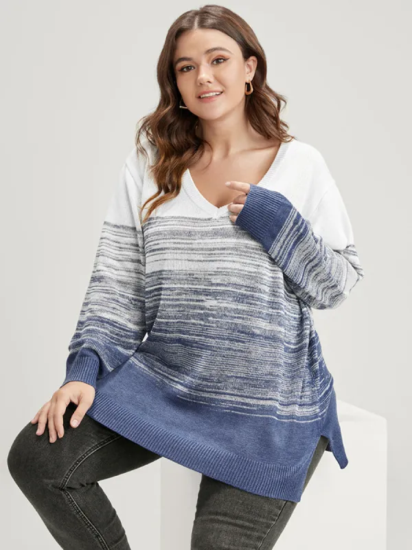 Ombre Contrast Mixed Yarn Knit Split Hem Knit Top sold by Bloomchic