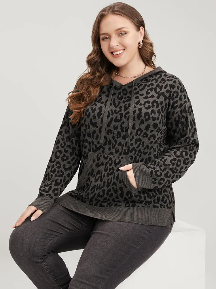 Leopard Contrast Pointelle Knit Pocket Drawstring Hooded Knit Top sold by Bloomchic product image thumbnail 2