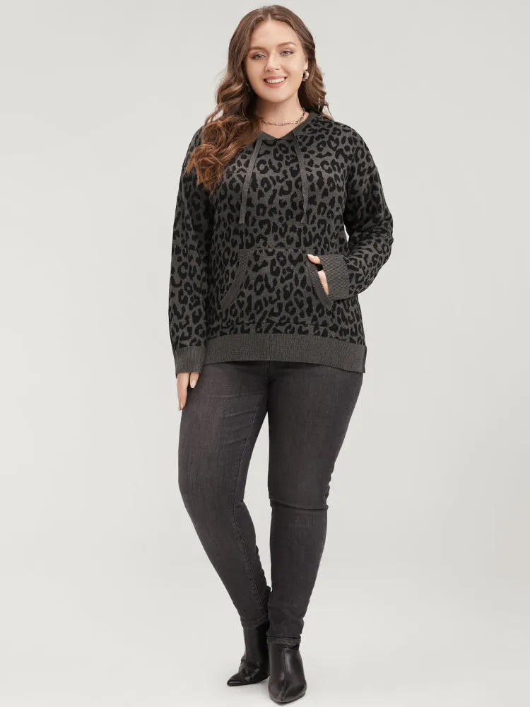 Leopard Contrast Pointelle Knit Pocket Drawstring Hooded Knit Top sold by Bloomchic product image thumbnail 3