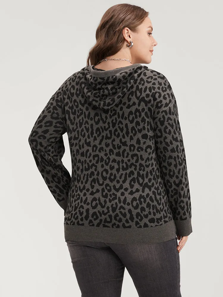Leopard Contrast Pointelle Knit Pocket Drawstring Hooded Knit Top sold by Bloomchic product image thumbnail 4