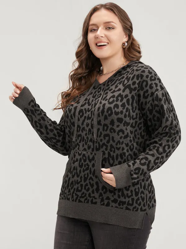 Leopard Contrast Pointelle Knit Pocket Drawstring Hooded Knit Top sold by Bloomchic