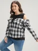 Plaid Patchwork Cold Shoulder Sweatshirt sold by Bloomchic