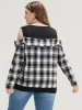 Plaid Patchwork Cold Shoulder Sweatshirt sold by Bloomchic