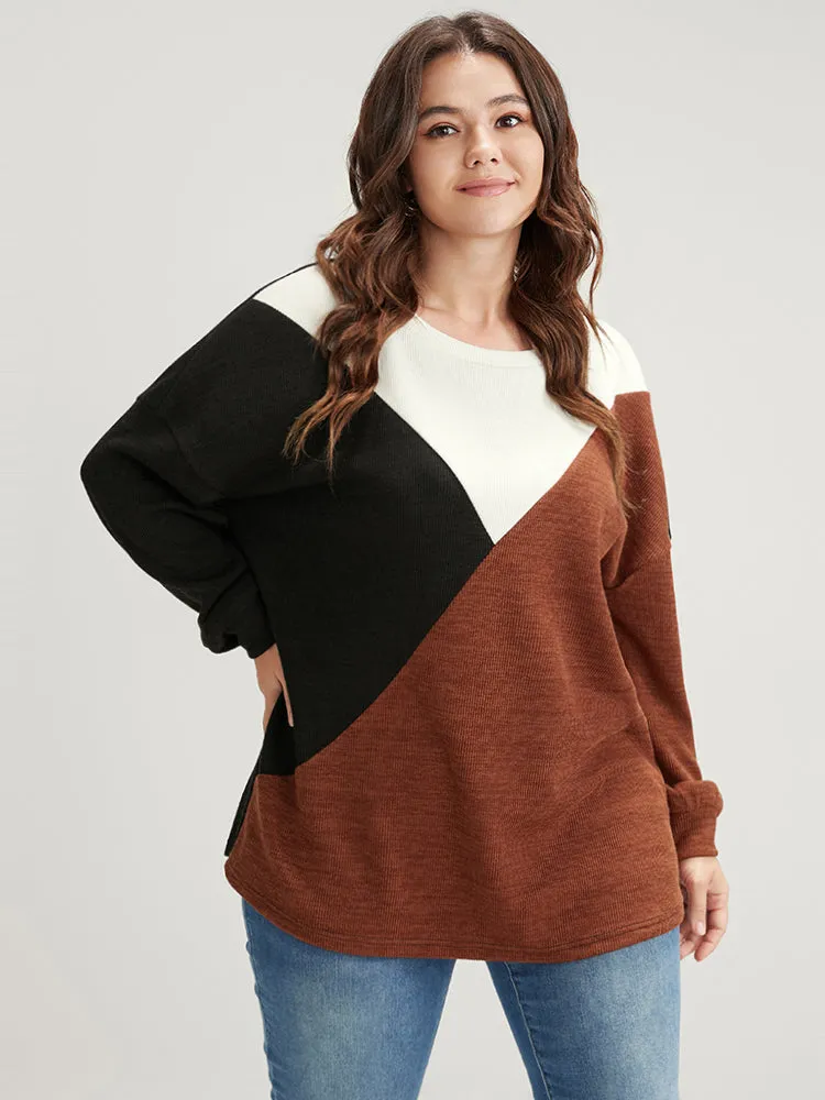 Colorblock Contrast Rib Knit Drop Shoulder Sweatshirt sold by Bloomchic