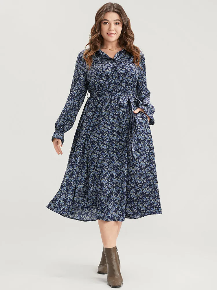 Ditsy Floral Pocket Belted Shirt Collar Dress sold by Bloomchic