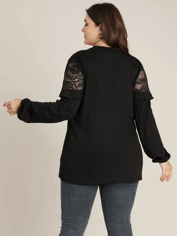 Solid Lace Ruffle Trim Keyhole Mock Neck Long Tee sold by Bloomchic product image thumbnail 5