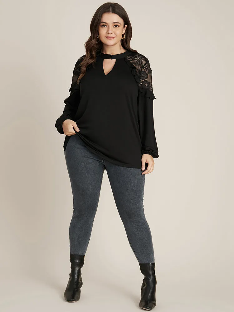 Solid Lace Ruffle Trim Keyhole Mock Neck Long Tee sold by Bloomchic product image thumbnail 2