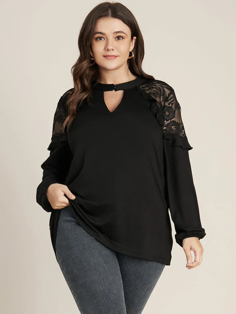 Solid Lace Ruffle Trim Keyhole Mock Neck Long Tee sold by Bloomchic product image thumbnail 3