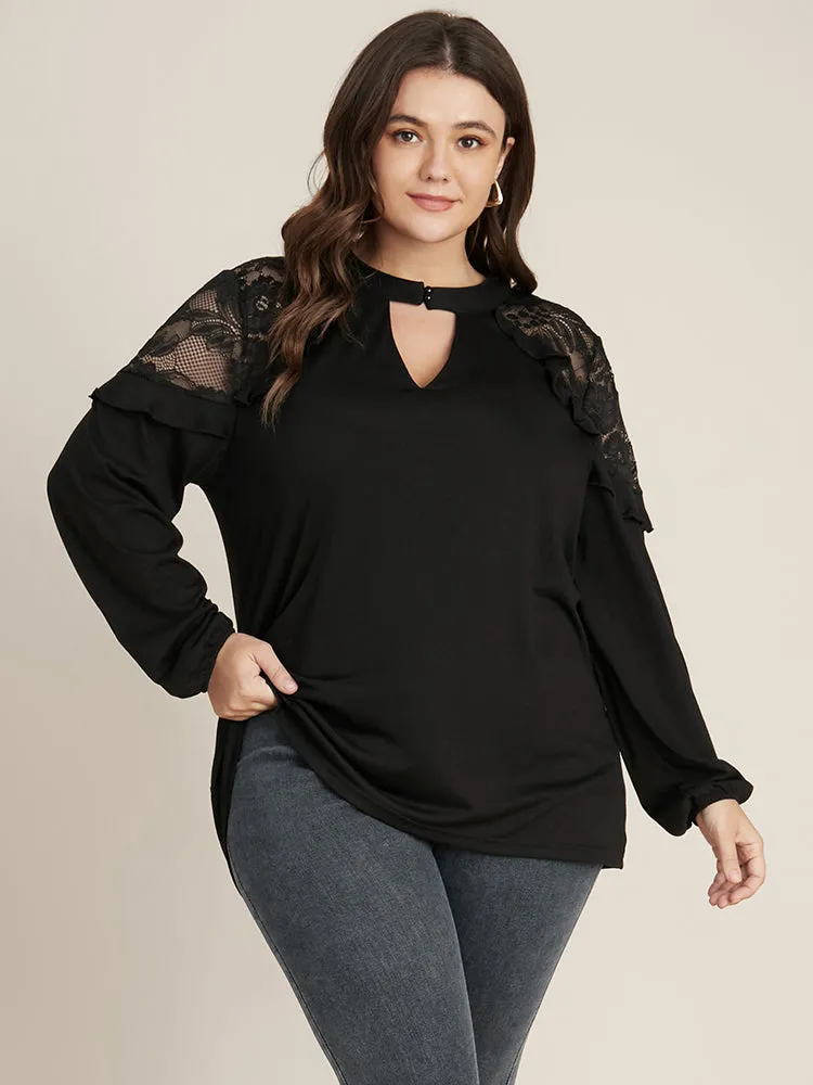 Solid Lace Ruffle Trim Keyhole Mock Neck Long Tee sold by Bloomchic product image thumbnail 4