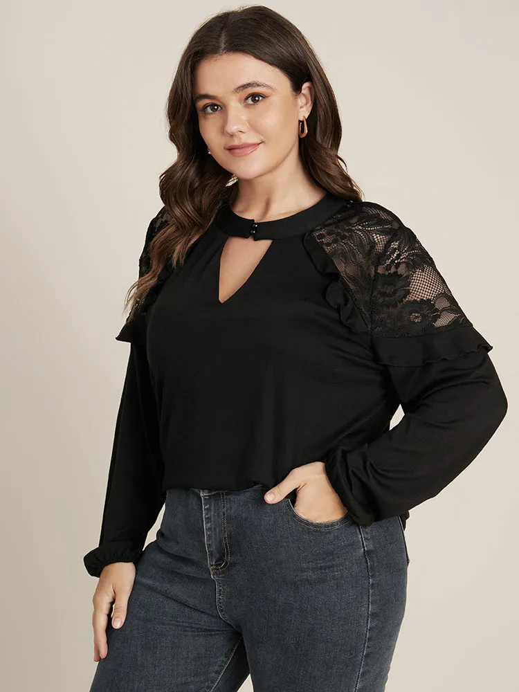 Solid Lace Ruffle Trim Keyhole Mock Neck Long Tee sold by Bloomchic