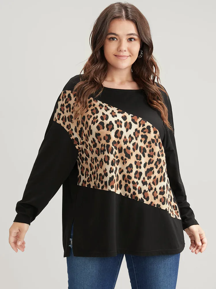 Leopard Drop Shoulder Split Long Tee sold by Bloomchic
