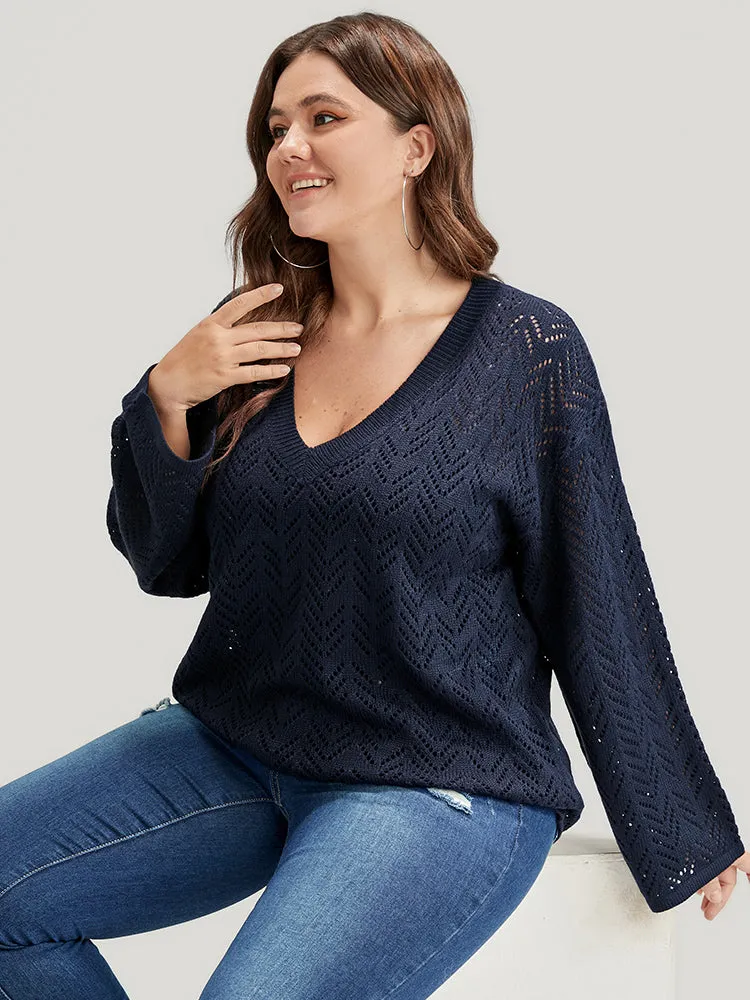 Geometric Pointelle Knit V Neck Eyelet Knit Top sold by Bloomchic