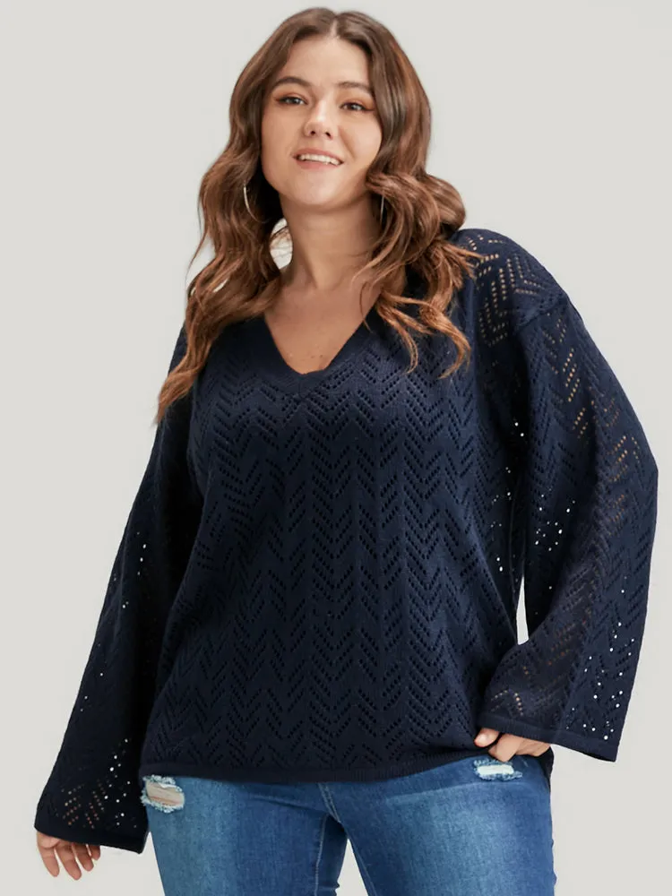 Geometric Pointelle Knit V Neck Eyelet Knit Top sold by Bloomchic product image thumbnail 2