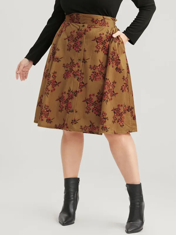 Floral Print Pocket Button Detail Corduroy Skirt sold by Bloomchic