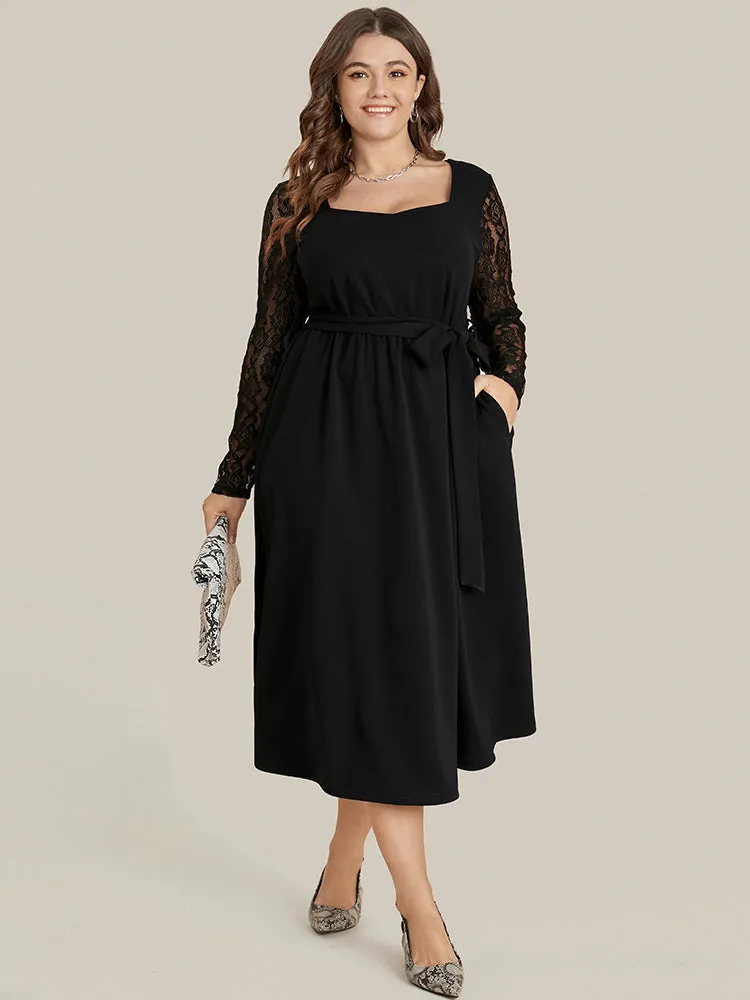 Solid Pocket Lace Belted Flutter Dress sold by Bloomchic