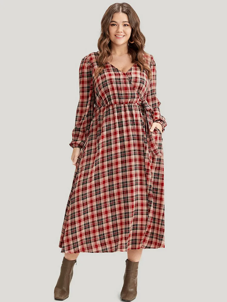 Tartan Wrap Lantern Sleeve Pocket Knotted Split Dress sold by Bloomchic product image thumbnail 3