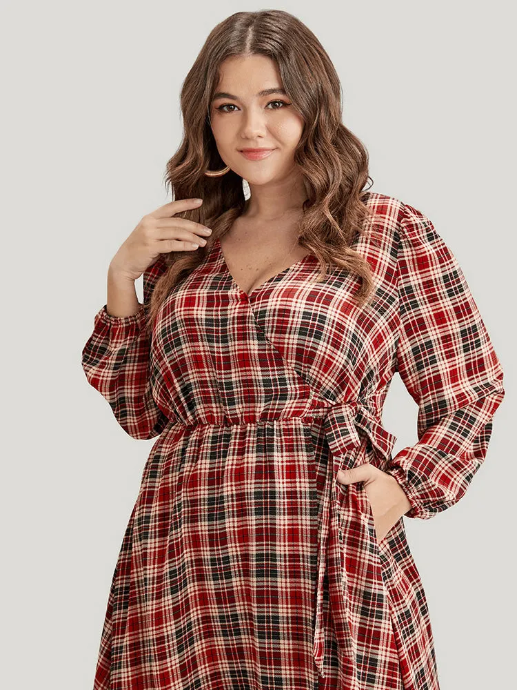 Tartan Wrap Lantern Sleeve Pocket Knotted Split Dress sold by Bloomchic product image thumbnail 4