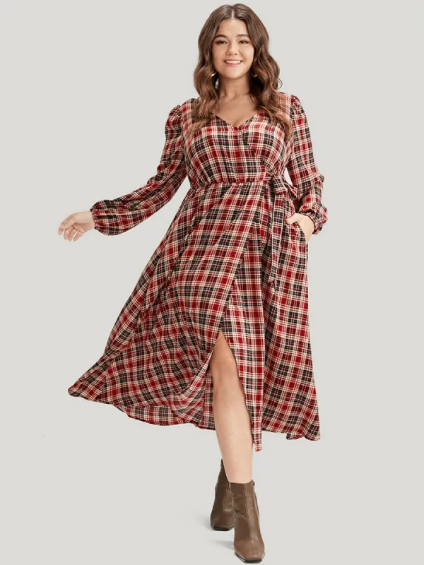 Tartan Wrap Lantern Sleeve Pocket Knotted Split Dress sold by Bloomchic