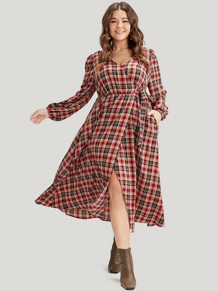 Tartan Wrap Lantern Sleeve Pocket Knotted Split Dress sold by Bloomchic