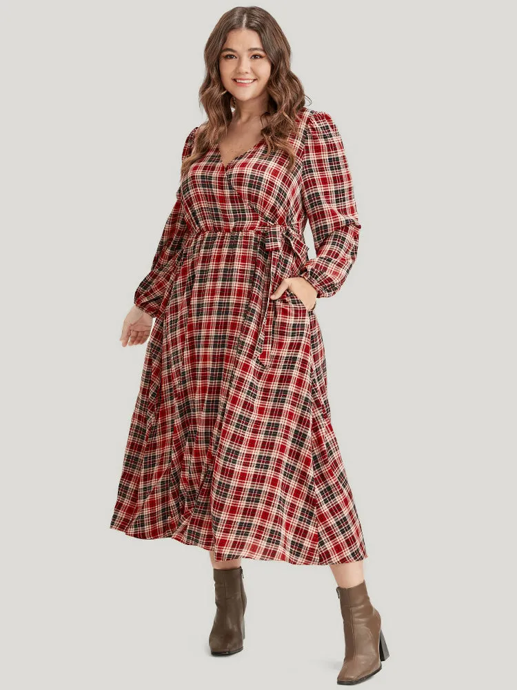 Tartan Wrap Lantern Sleeve Pocket Knotted Split Dress sold by Bloomchic product image thumbnail 2