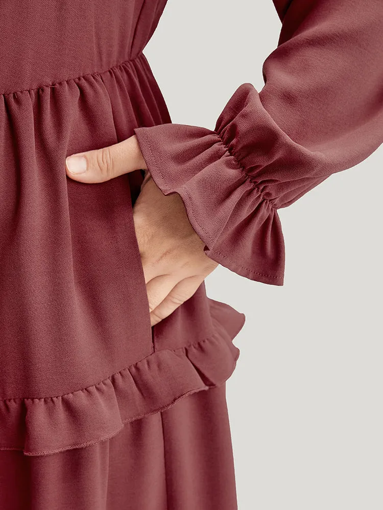 Solid Lantern Sleeve Pocket Ruffle Hem Dress sold by Bloomchic product image thumbnail 2