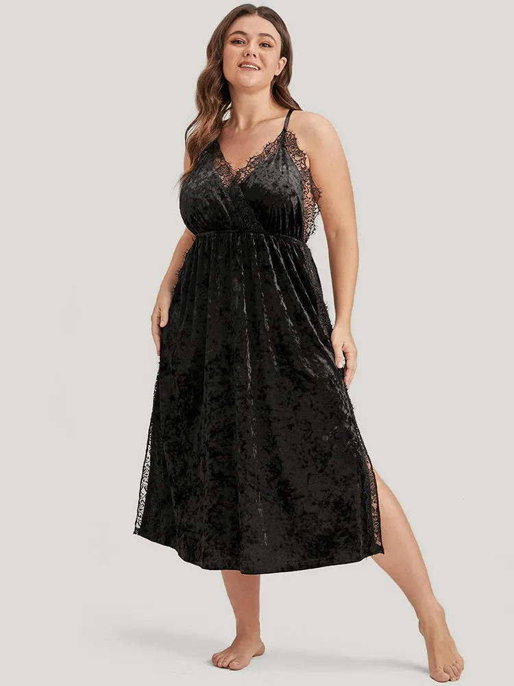 Solid Contrast Lace Split Velvet Cami Night Dress sold by Bloomchic product image thumbnail 3