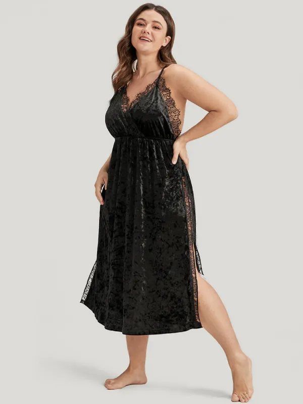 Solid Contrast Lace Split Velvet Cami Night Dress sold by Bloomchic