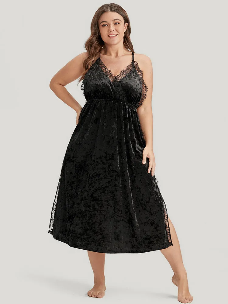 Solid Contrast Lace Split Velvet Cami Night Dress sold by Bloomchic product image thumbnail 2