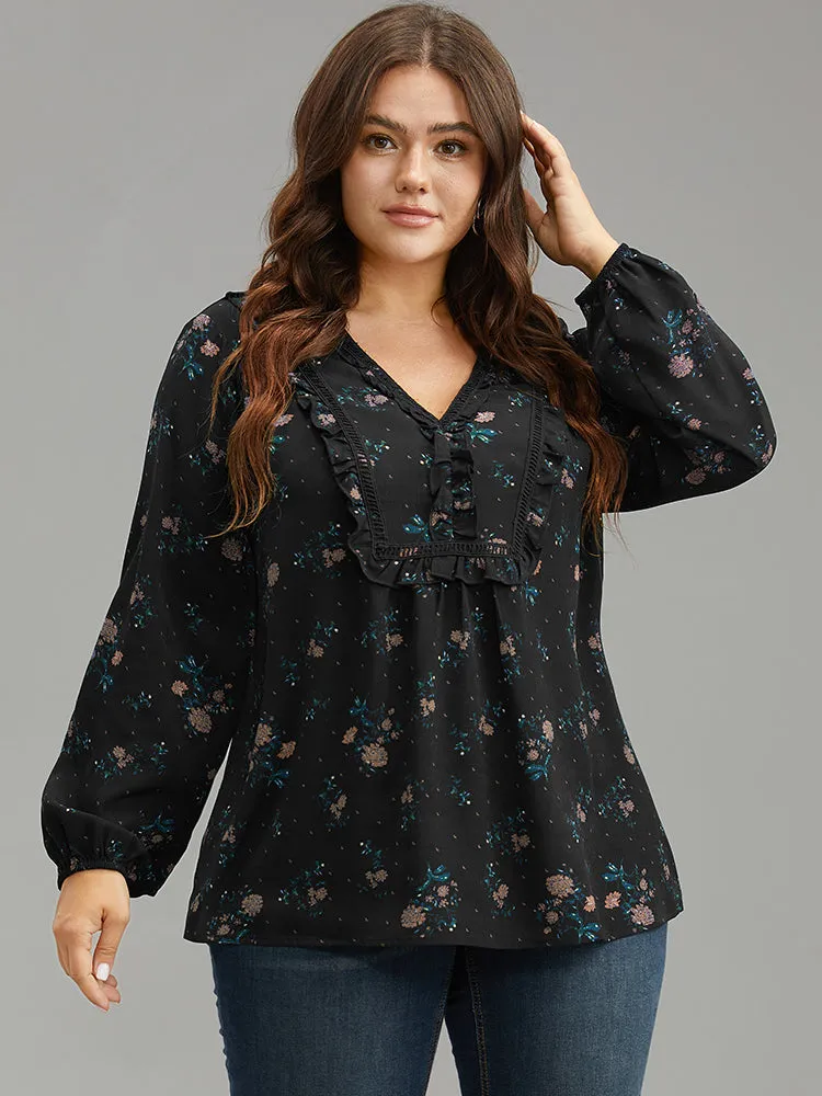 Ditsy Floral Lantern Sleeve Frill Trim Blouse sold by Bloomchic