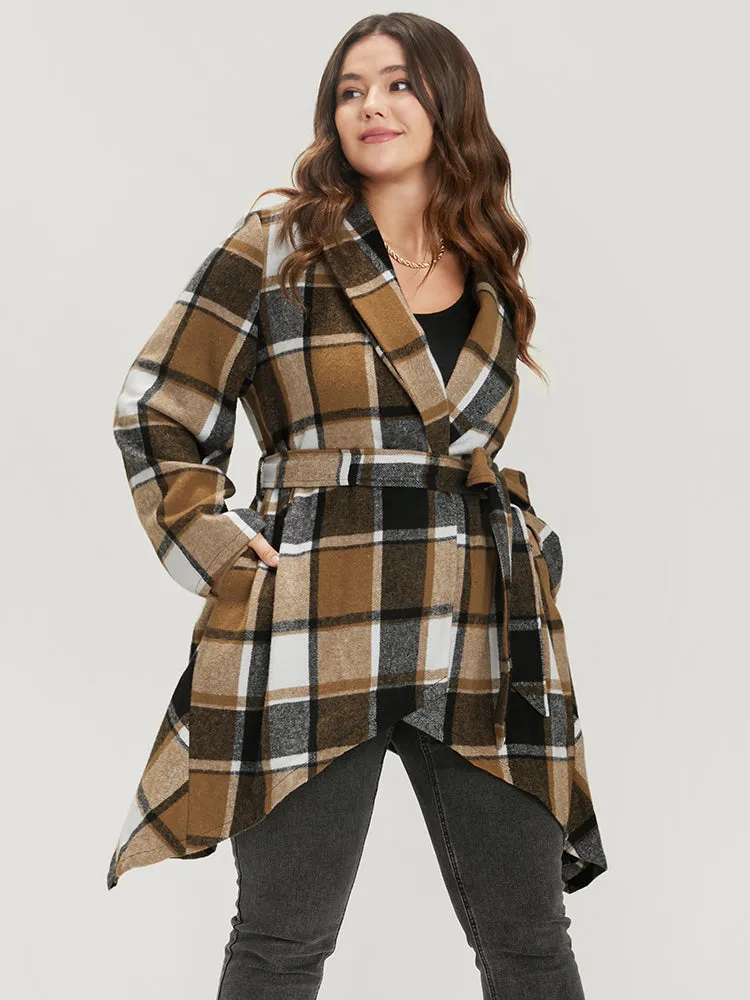Plaid Pocket Lapel Collar Asymmetrical Hem Belted Coat sold by Bloomchic