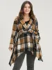Plaid Pocket Lapel Collar Asymmetrical Hem Belted Coat sold by Bloomchic